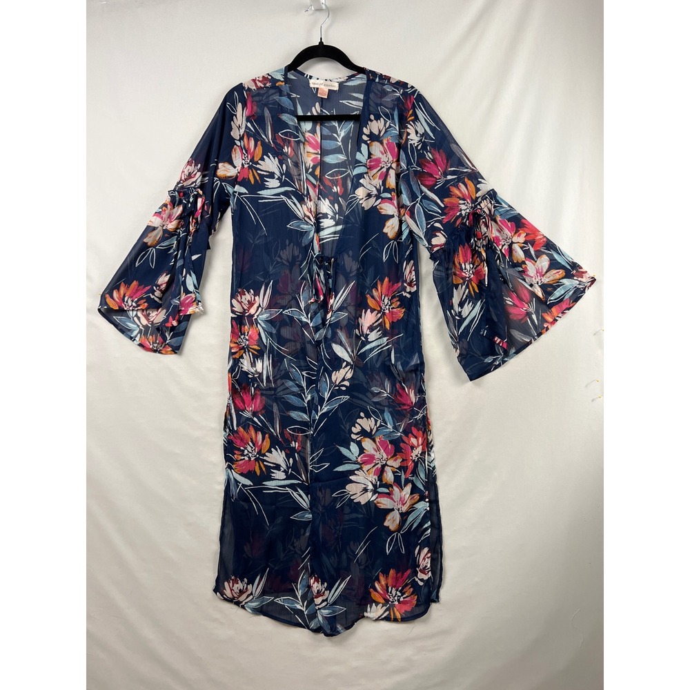 Band of Gypsies Duster Cardigan Womens Small Navy Blue Floral Bell Sleeve Sheer